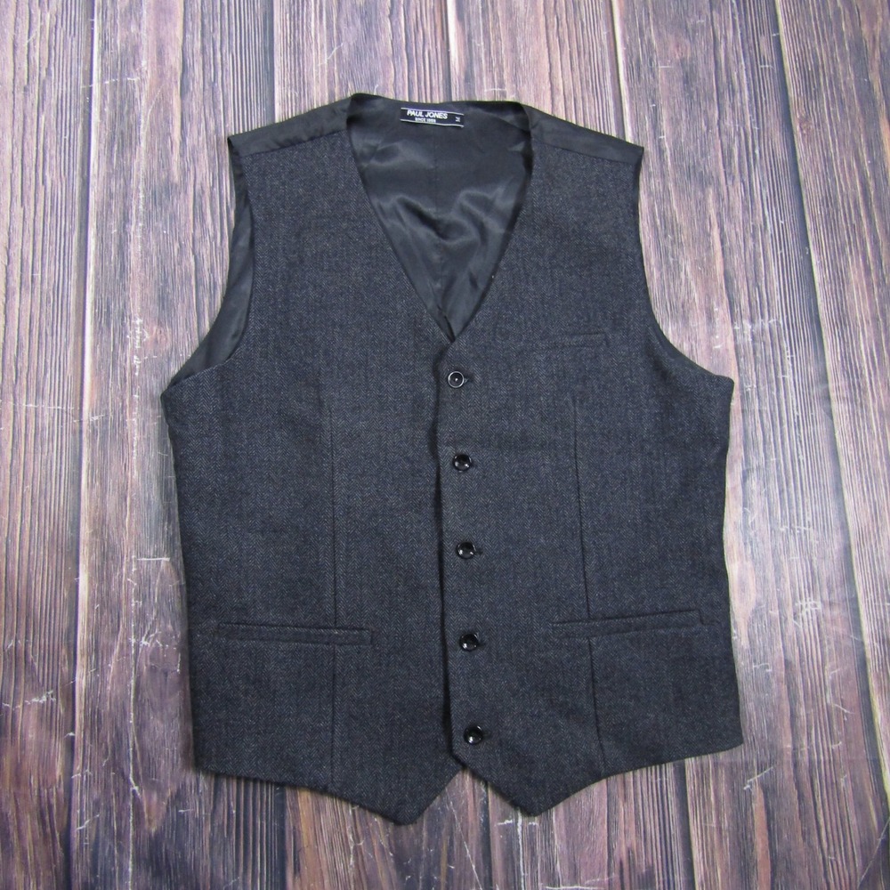 Paul Jones Suit Vest Mens Medium Gray Herringbone Wool Blend Formal Waistcoat